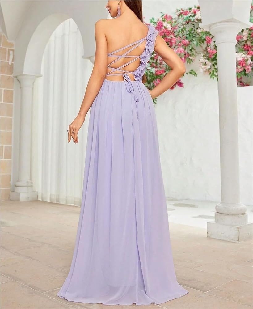 Women's One Shoulder Floral Pleated Chiffon Evening Dresses with Back Slit Full Skirt Formal Dress - Image 3