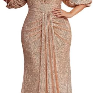 Women's Plus Size Off Shoulder Puff Sleeve Sequin Formal Maxi Dress Evening Party Gowns
