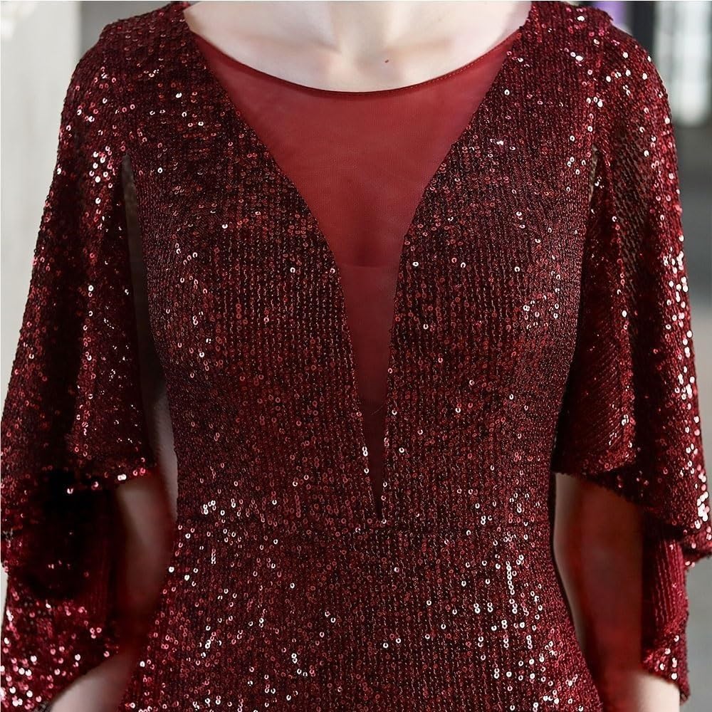 Women's Red Sequin Long Sleeve V-Neck Mermaid Evening Gown Formal Prom Wedding Guest Cocktail Dress - Image 6