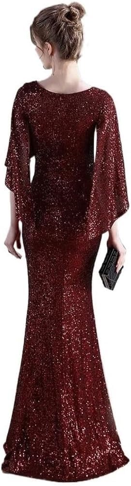 Women's Red Sequin Long Sleeve V-Neck Mermaid Evening Gown Formal Prom Wedding Guest Cocktail Dress - Image 3