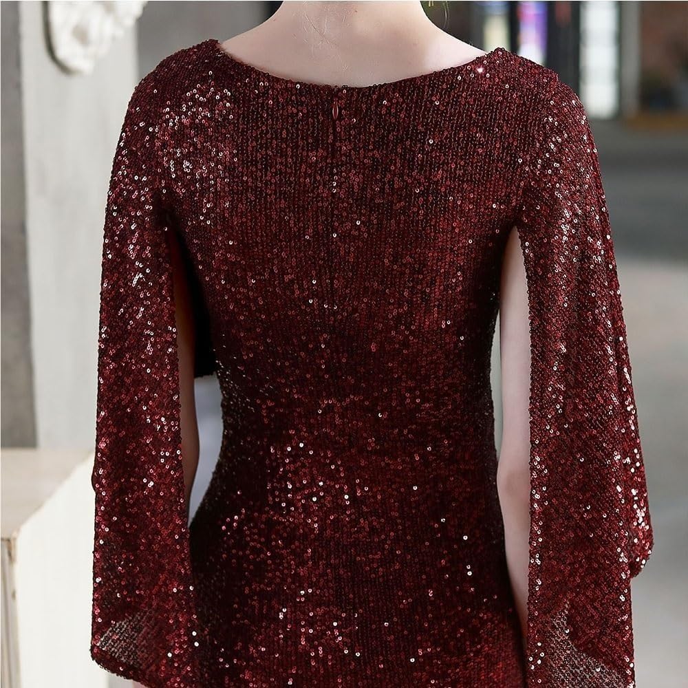 Women's Red Sequin Long Sleeve V-Neck Mermaid Evening Gown Formal Prom Wedding Guest Cocktail Dress - Image 5