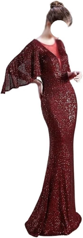 Women's Red Sequin Long Sleeve V-Neck Mermaid Evening Gown Formal Prom Wedding Guest Cocktail Dress - Image 2