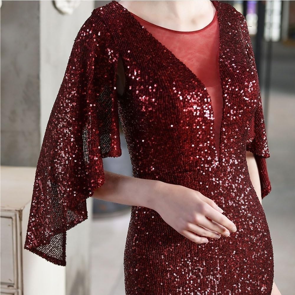 Women's Red Sequin Long Sleeve V-Neck Mermaid Evening Gown Formal Prom Wedding Guest Cocktail Dress - Image 4