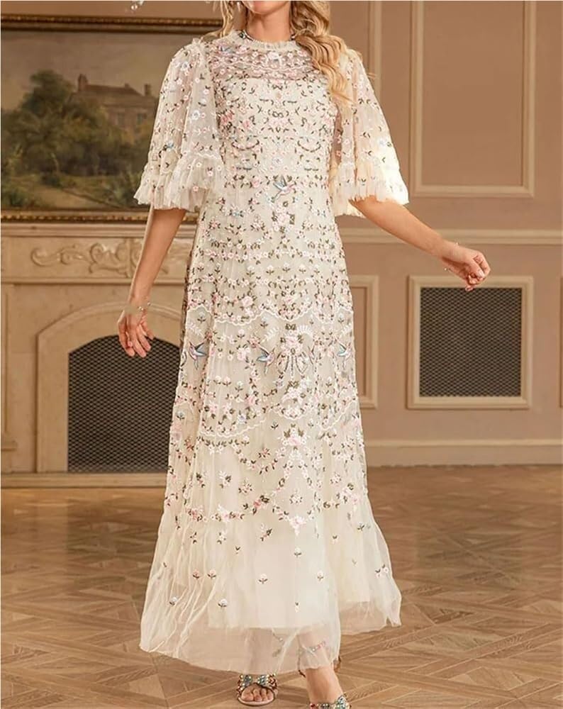 Women's Sequin Autumn Mesh Maxi Dress Heavy Embroidery Evening Gown Sparkly Party Prom Dresses - Image 4