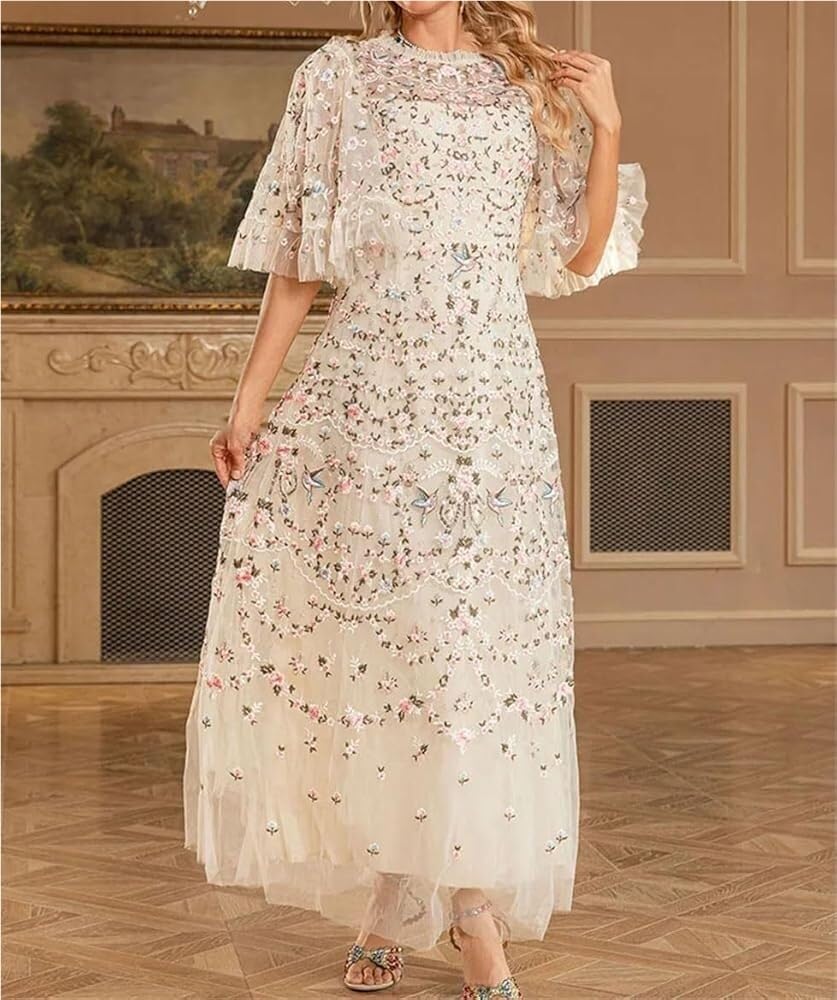 Women's Sequin Autumn Mesh Maxi Dress Heavy Embroidery Evening Gown Sparkly Party Prom Dresses - Image 5