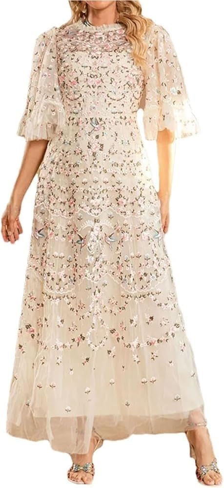 Women's Sequin Autumn Mesh Maxi Dress Heavy Embroidery Evening Gown Sparkly Party Prom Dresses