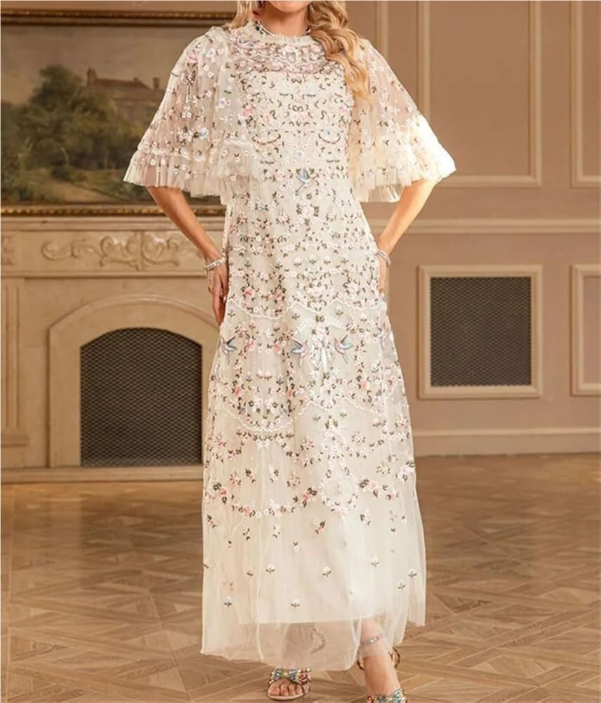 Women's Sequin Autumn Mesh Maxi Dress Heavy Embroidery Evening Gown Sparkly Party Prom Dresses - Image 2