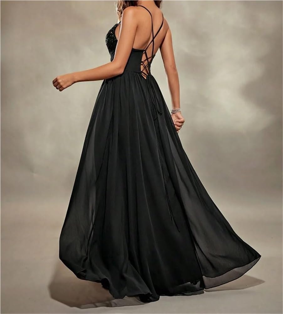 Women's Sequin Chiffon Black Evening Gown Skinny Strap Chest Pleat Backless Slit Maxi Party Dress - Image 2