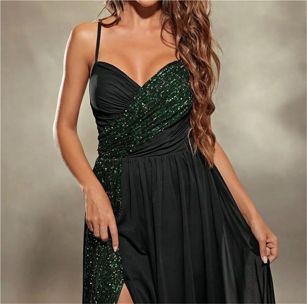 Women's Sequin Chiffon Black Evening Gown Skinny Strap Chest Pleat Backless Slit Maxi Party Dress - Image 6