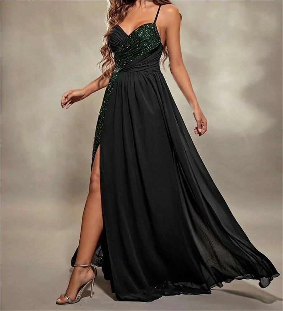 Women's Sequin Chiffon Black Evening Gown Skinny Strap Chest Pleat Backless Slit Maxi Party Dress - Image 4