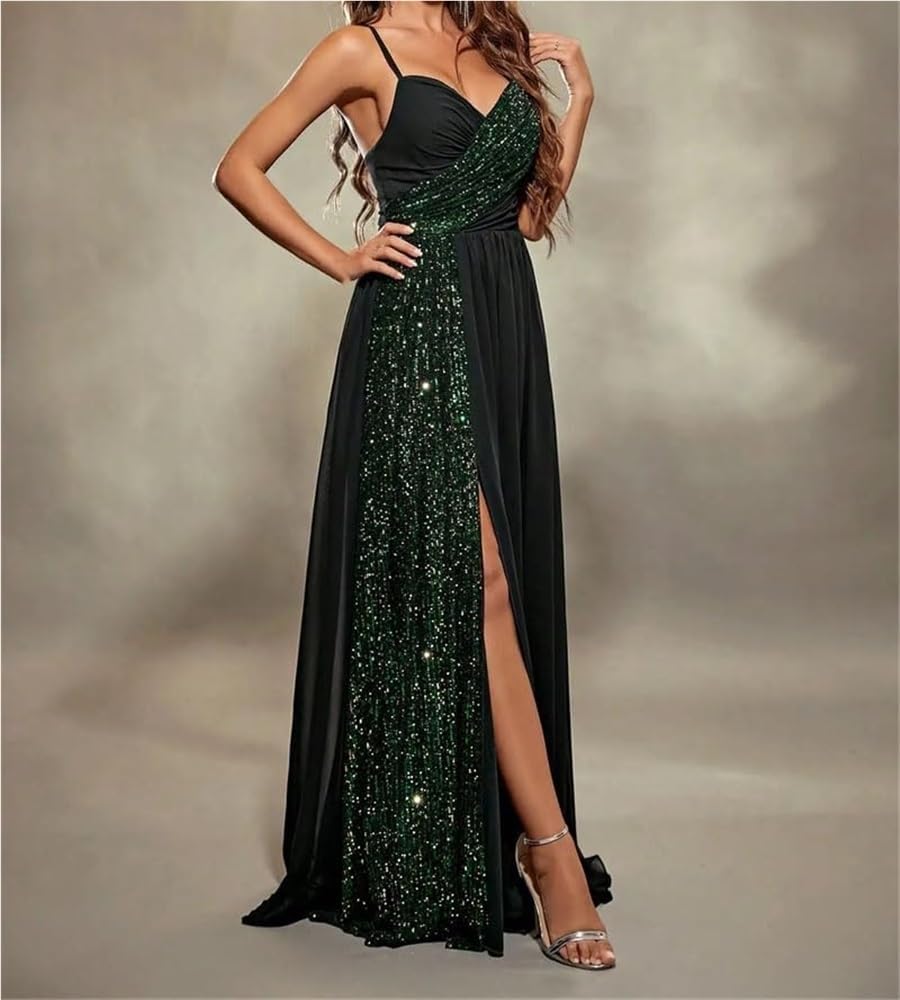 Women's Sequin Chiffon Black Evening Gown Skinny Strap Chest Pleat Backless Slit Maxi Party Dress - Image 3