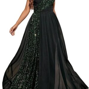 Women's Sequin Chiffon Black Evening Gown Skinny Strap Chest Pleat Backless Slit Maxi Party Dress