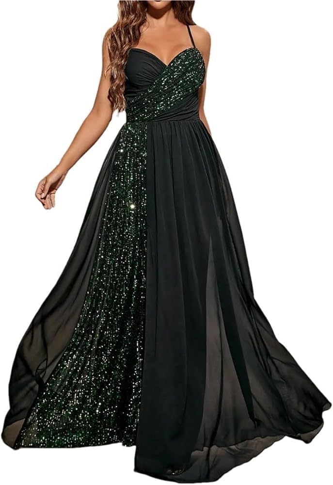 Women's Sequin Chiffon Black Evening Gown Skinny Strap Chest Pleat Backless Slit Maxi Party Dress