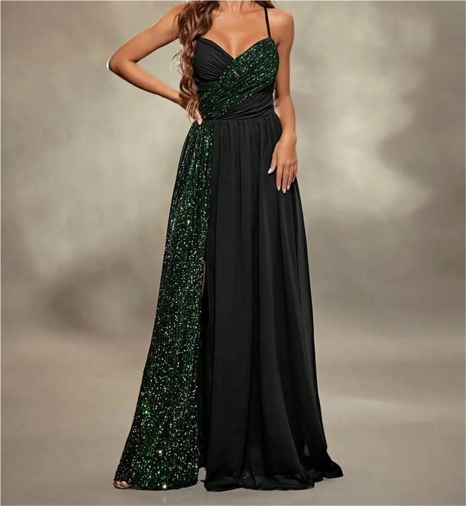 Women's Sequin Chiffon Black Evening Gown Skinny Strap Chest Pleat Backless Slit Maxi Party Dress - Image 5