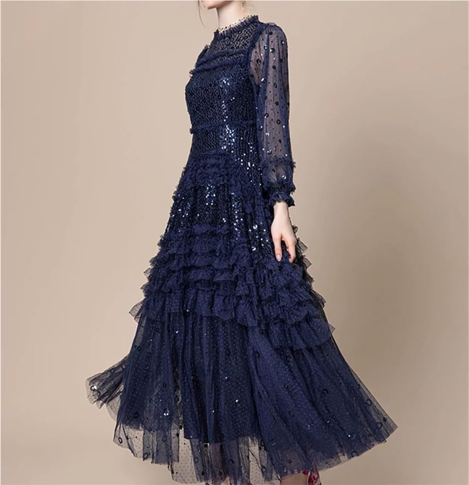 Women's Sequin Lace Ruffle Long Dress Multi-Color Evening Gown Party Dresses - Image 2