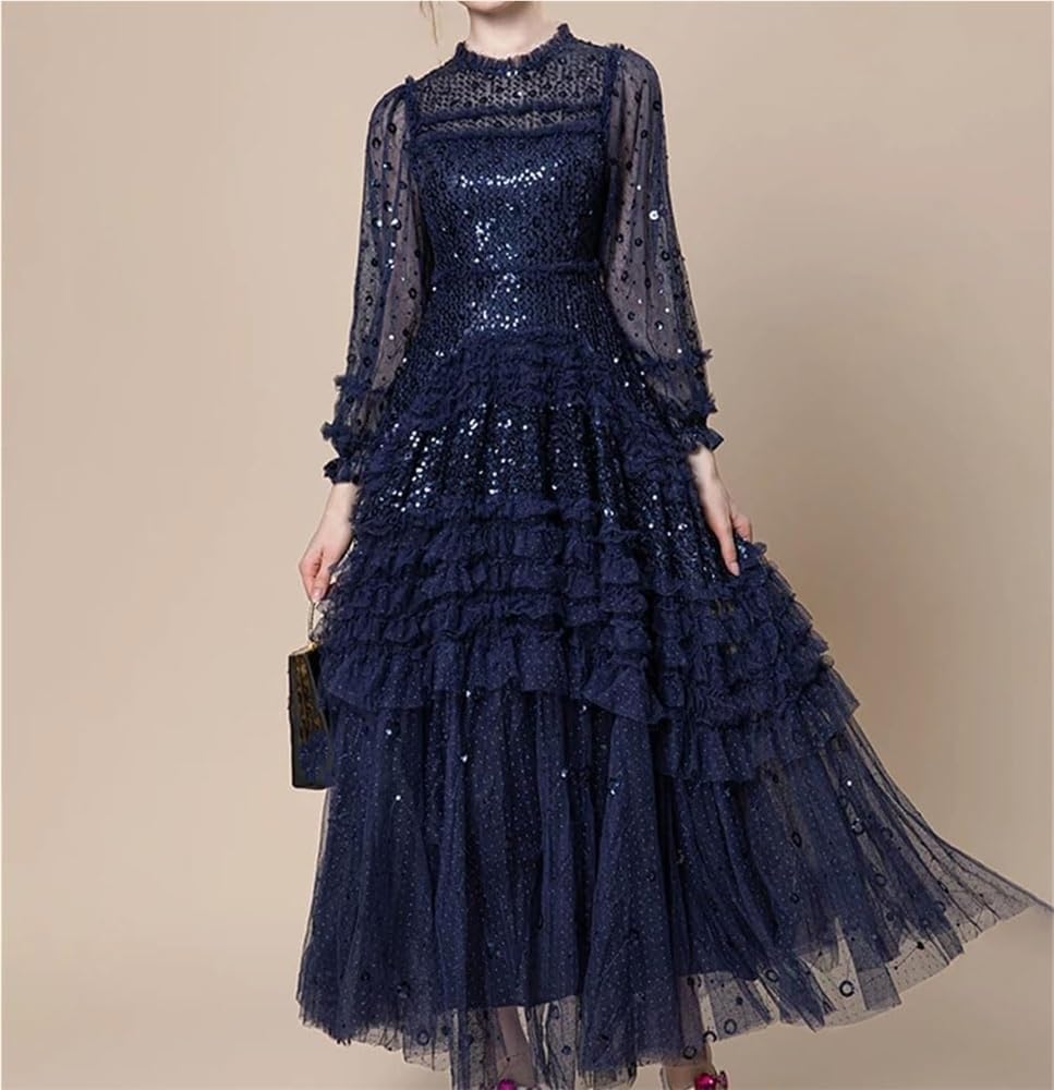 Women's Sequin Lace Ruffle Long Dress Multi-Color Evening Gown Party Dresses - Image 5