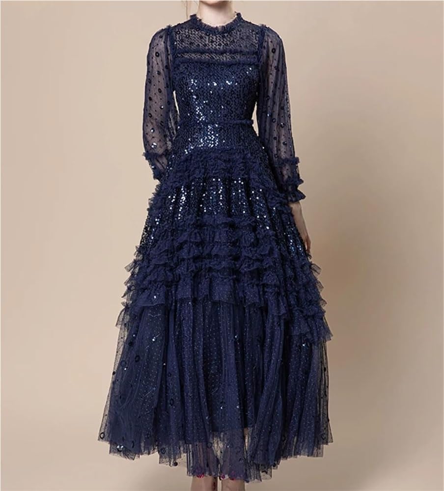Women's Sequin Lace Ruffle Long Dress Multi-Color Evening Gown Party Dresses - Image 3