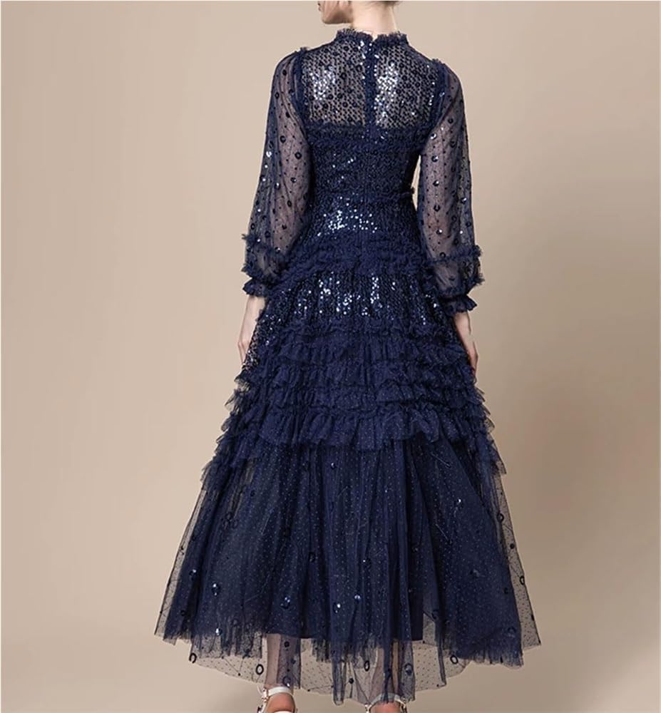 Women's Sequin Lace Ruffle Long Dress Multi-Color Evening Gown Party Dresses - Image 6
