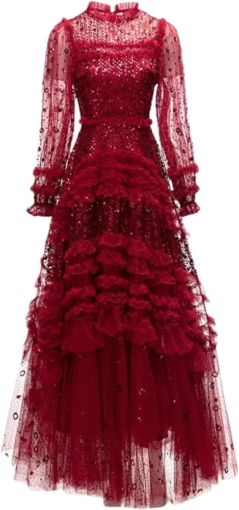 Women's Sequin Lace Ruffle Long Dress Multi-Color Evening Gown Party Dresses - Image 10