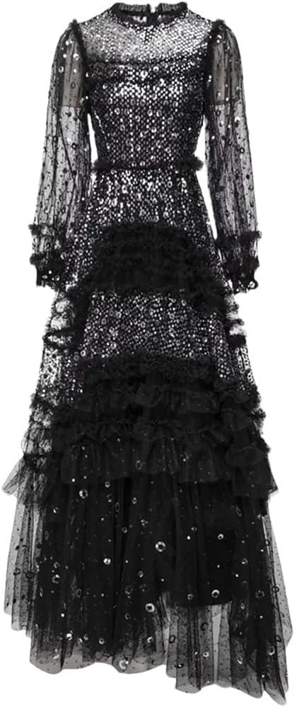 Women's Sequin Lace Ruffle Long Dress Multi-Color Evening Gown Party Dresses - Image 9