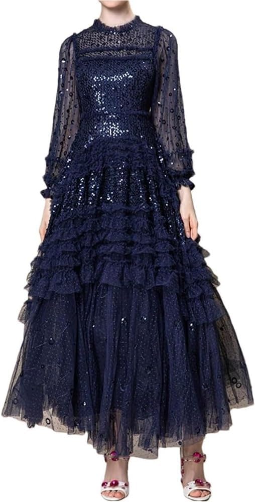 Women's Sequin Lace Ruffle Long Dress Multi-Color Evening Gown Party Dresses