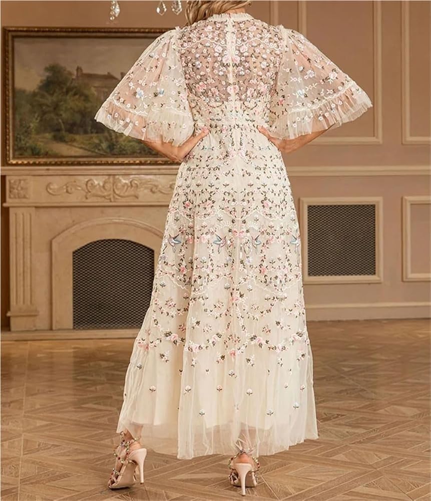 Women's Sequin Mesh Maxi Dress Heavy Embroidery Evening Gown Sparkly Party Prom Banquet Dresses - Image 3