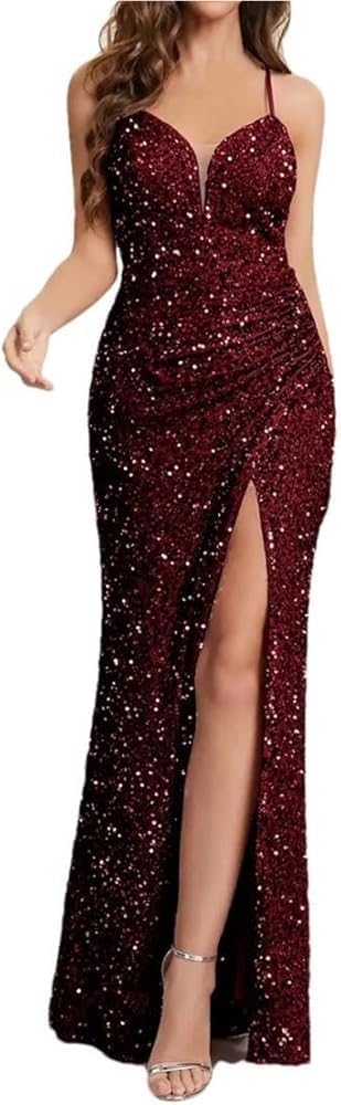 Women's Sequin Spaghetti Strap Maxi Cami Dress Deep V Neck High Split Party Evening Dresses