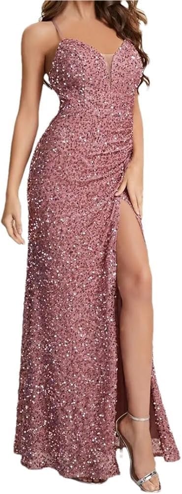 Women's Sequin Spaghetti Strap Maxi Cami Dress Deep V Neck High Split Party Evening Dresses - Image 10
