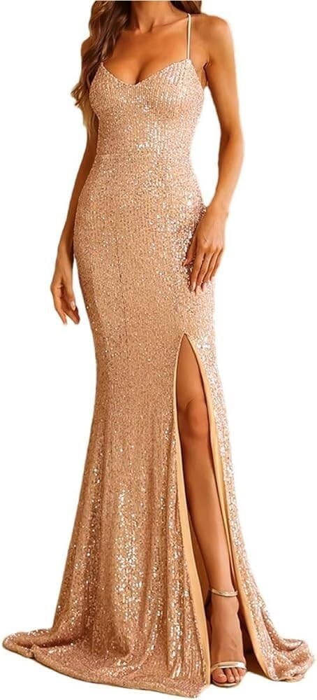 Women's Sequin Spaghetti Strap Maxi Evening Dress Backless High Split Ball Gown Party Dresses - Image 5