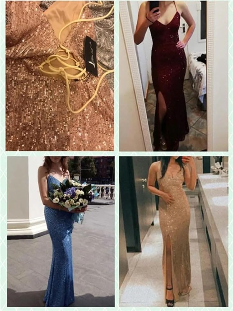 Women's Sequin Spaghetti Strap Maxi Evening Dress Backless High Split Ball Gown Party Dresses - Image 2