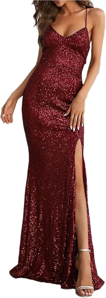 Women's Sequin Spaghetti Strap Maxi Evening Dress Backless High Split Ball Gown Party Dresses - Image 4