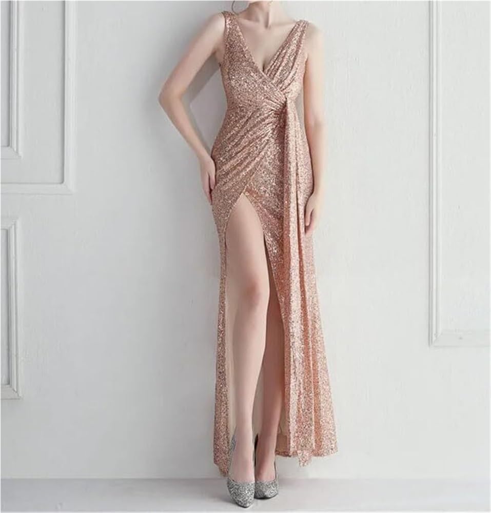 Women's Sequin V-Neck Sleeveless Mermaid Evening Gown Back Zipper Formal Party Dress - Image 2