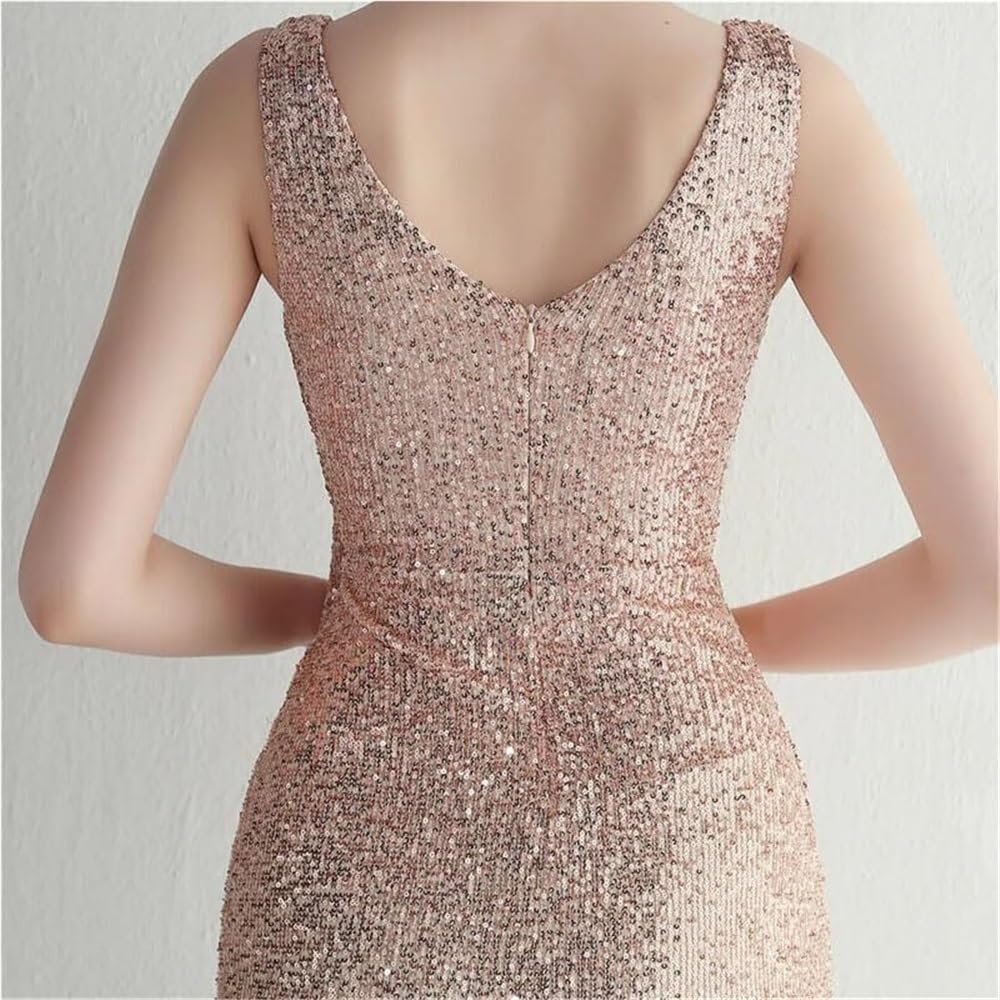 Women's Sequin V-Neck Sleeveless Mermaid Evening Gown Back Zipper Formal Party Dress - Image 5