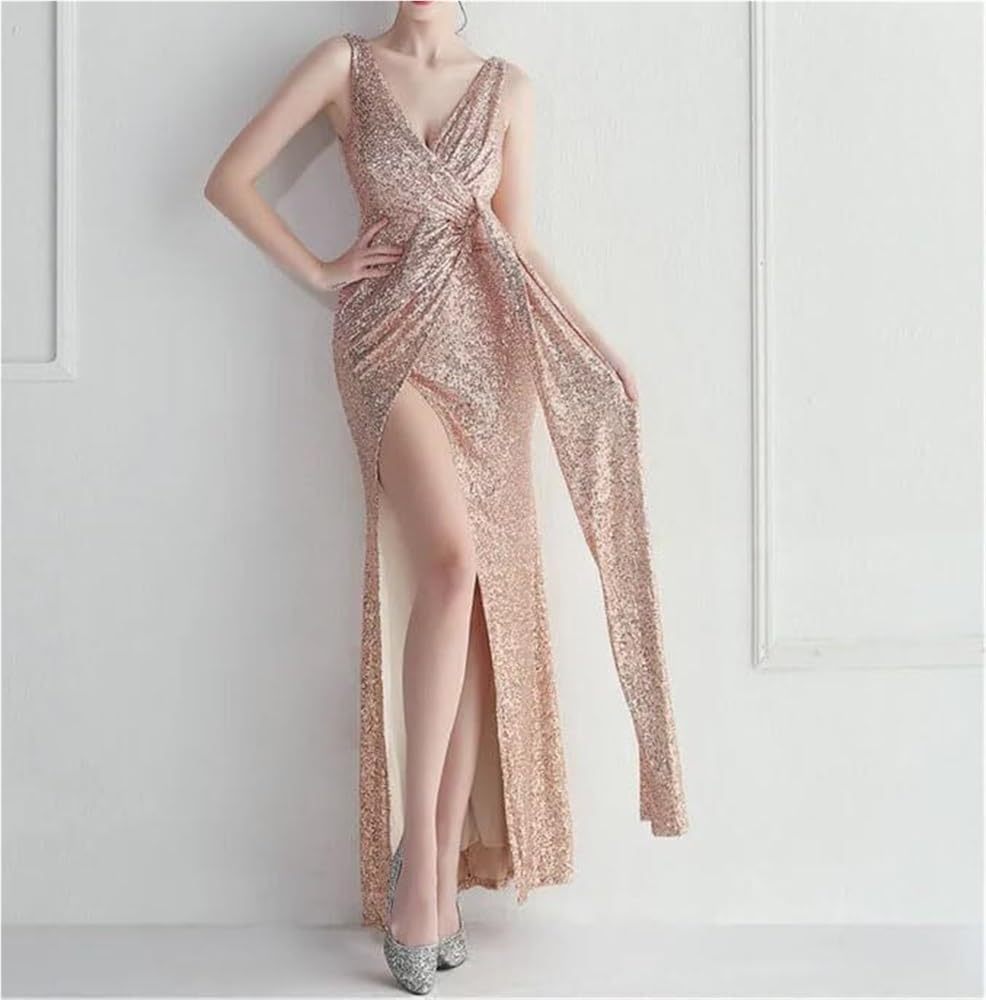 Women's Sequin V-Neck Sleeveless Mermaid Evening Gown Back Zipper Formal Party Dress - Image 3