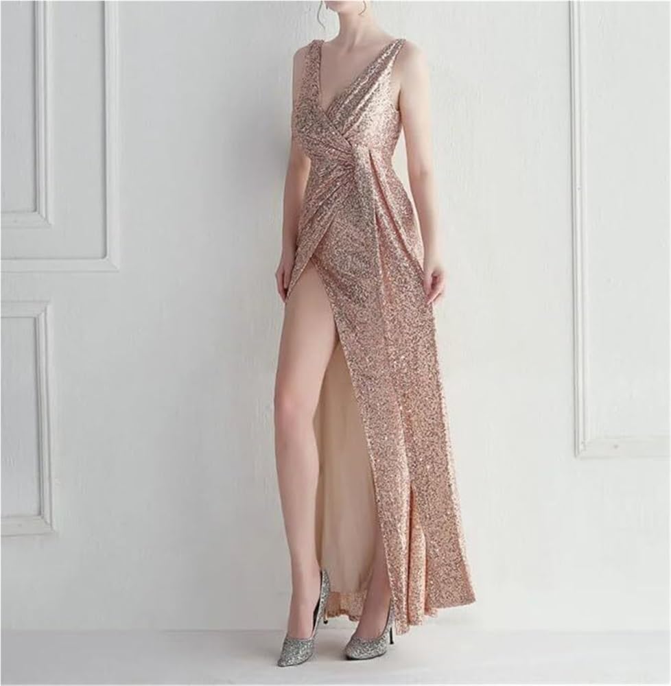 Women's Sequin V-Neck Sleeveless Mermaid Evening Gown Back Zipper Formal Party Dress - Image 4