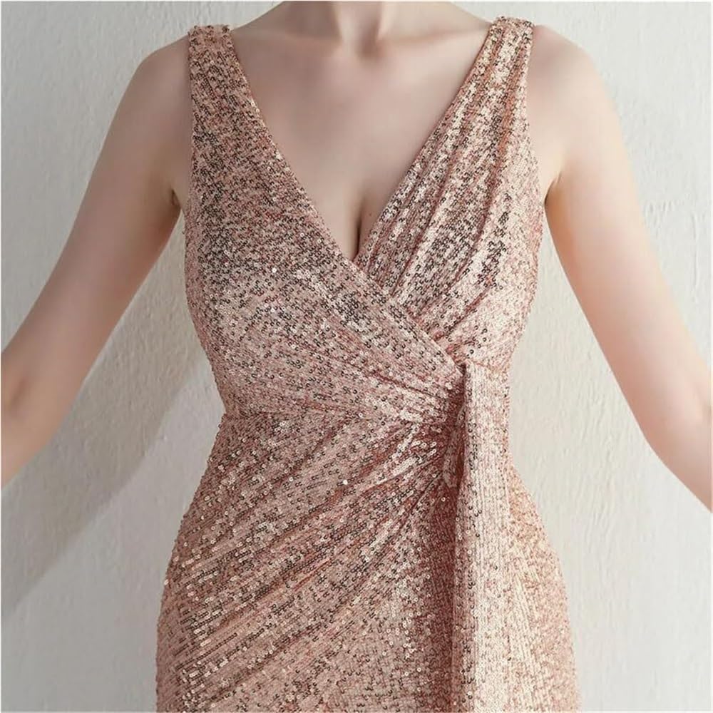 Women's Sequin V-Neck Sleeveless Mermaid Evening Gown Back Zipper Formal Party Dress - Image 6