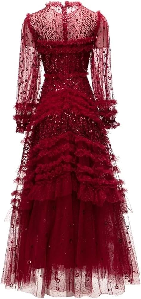Women's Sequins Mesh Maxi Dress Crewneck Lantern Sleeve Formal Party Prom Evening Dresses - Image 2