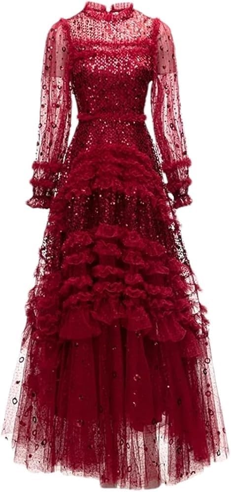 Women's Sequins Mesh Maxi Dress Crewneck Lantern Sleeve Formal Party Prom Evening Dresses - Image 6