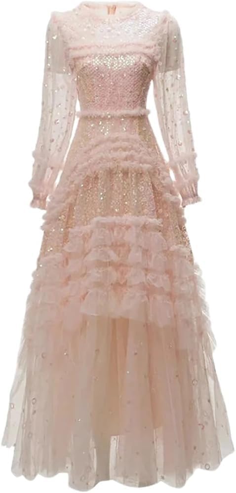 Women's Sequins Mesh Maxi Dress Crewneck Lantern Sleeve Formal Party Prom Evening Dresses