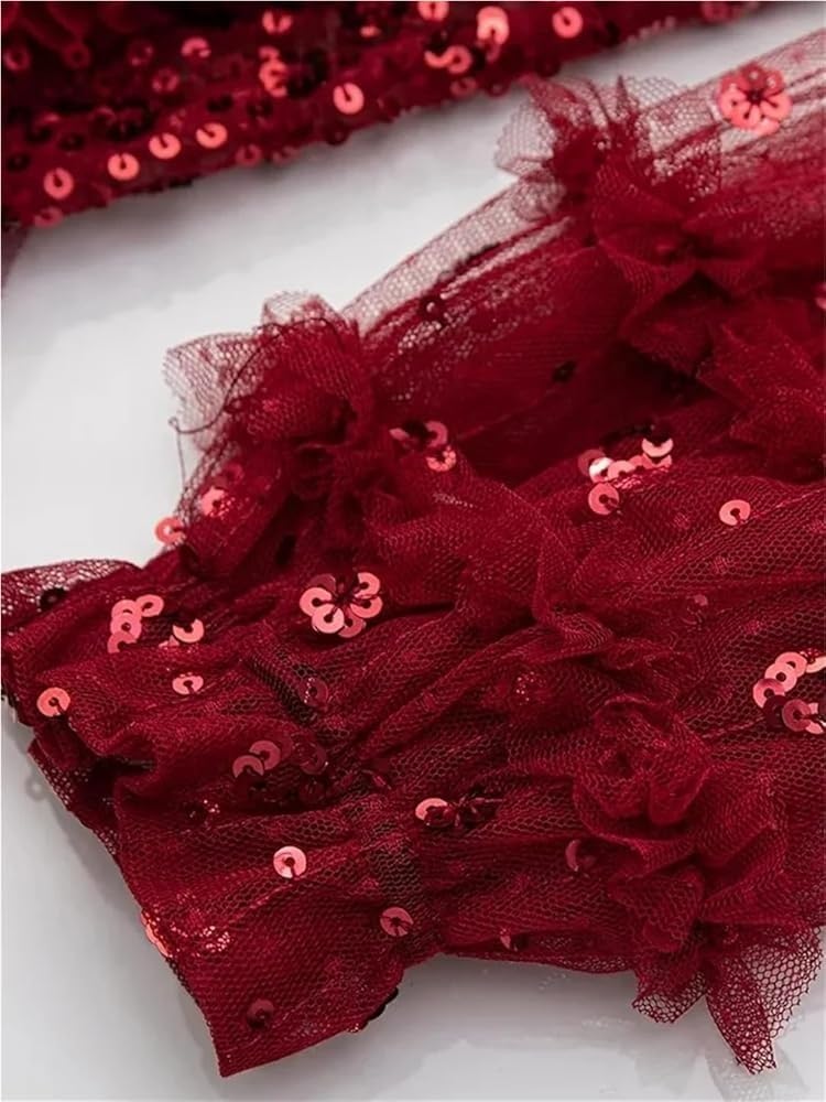 Women's Sequins Mesh Maxi Dress Crewneck Lantern Sleeve Formal Party Prom Evening Dresses - Image 4