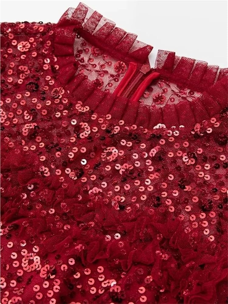 Women's Sequins Mesh Maxi Dress Crewneck Lantern Sleeve Formal Party Prom Evening Dresses - Image 3