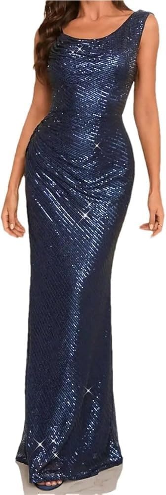 Women's Sexy Asymmetrical Backless Sequins Evening Gown Floor-Length Slim Fit Prom Party Dress
