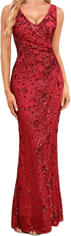 Women's Sexy Sequin Bodycon Mermaid Dress V-Neck Slit Long Formal Evening Gown Cocktail Dresses - Image 7