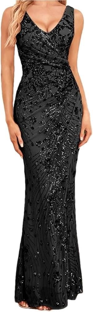 Women's Sexy Sequin Bodycon Mermaid Dress V-Neck Slit Long Formal Evening Gown Cocktail Dresses