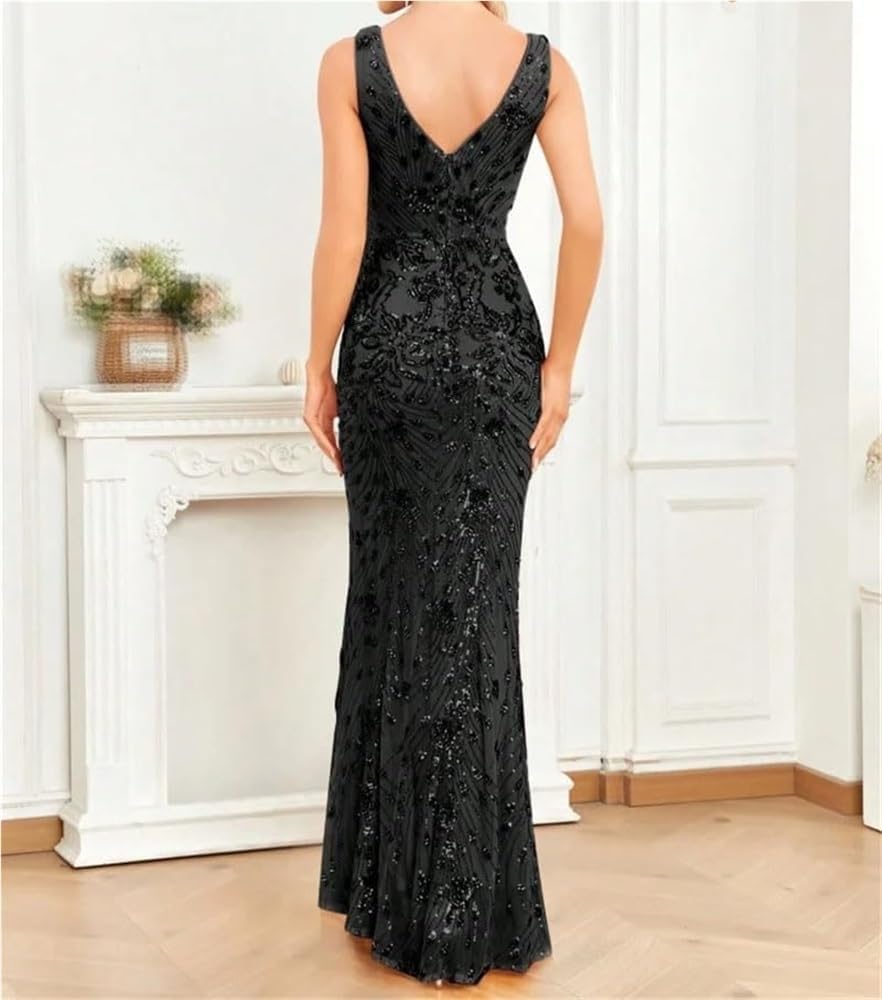Women's Sexy Sequin Bodycon Mermaid Dress V-Neck Slit Long Formal Evening Gown Cocktail Dresses - Image 6