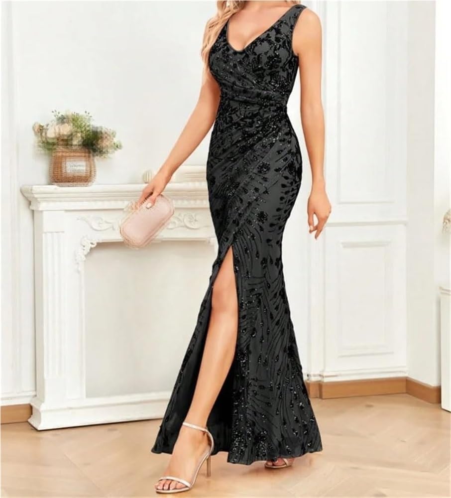 Women's Sexy Sequin Bodycon Mermaid Dress V-Neck Slit Long Formal Evening Gown Cocktail Dresses - Image 3