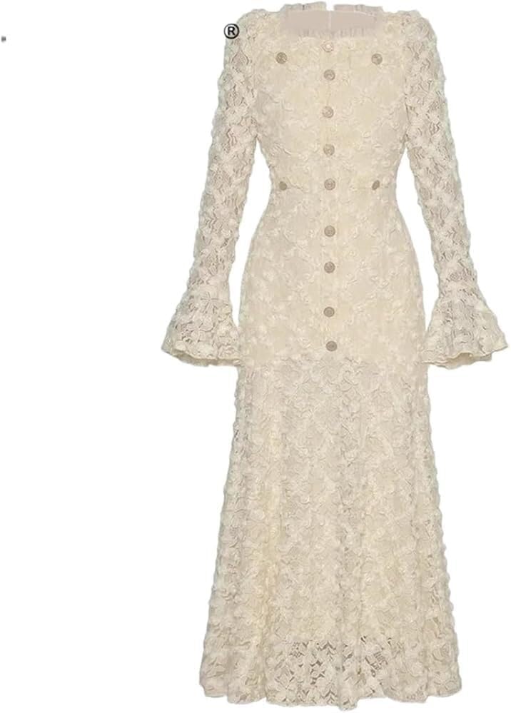 Women's Solid Vintage Maxi Evening Gown Stand Collar Trumpet Sleeve High Waist Weddimg Guest Dresses