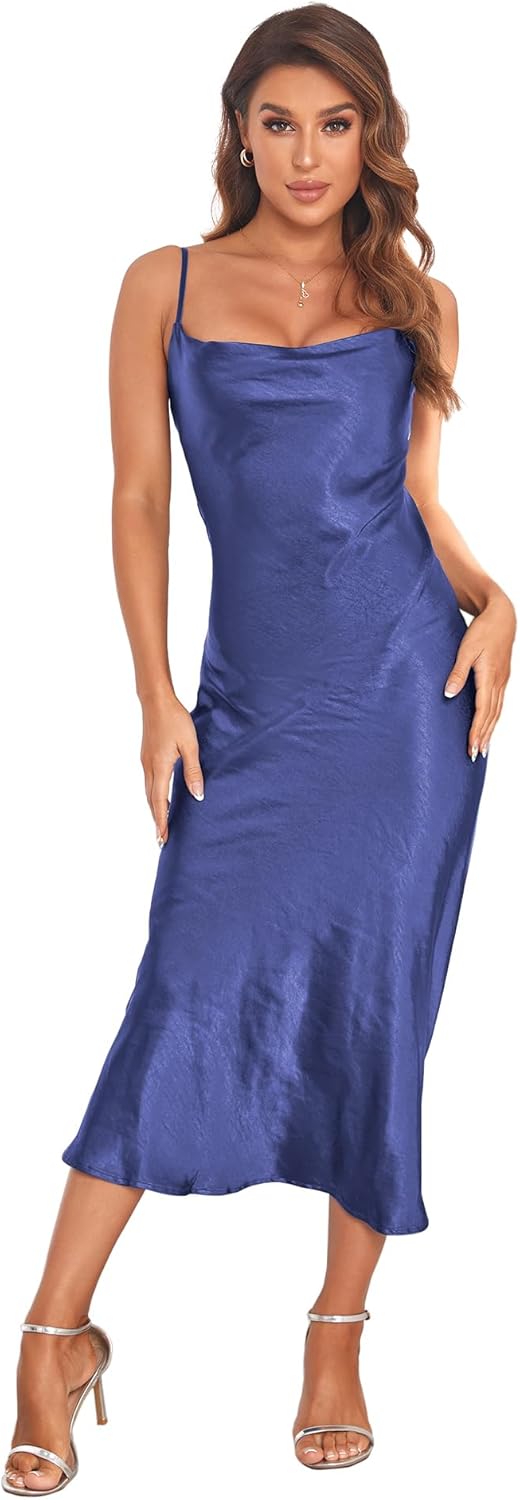 Women's Spaghetti Strap Midi Satin Silk Dresses Slip Cowl Neck Party Cocktail Evening Sexy Dress - Image 29