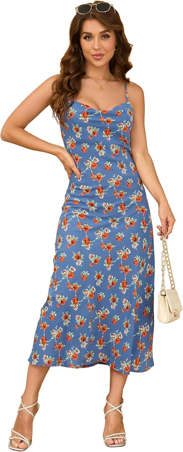 Women's Spaghetti Strap Midi Satin Silk Dresses Slip Cowl Neck Party Cocktail Evening Sexy Dress - Image 39