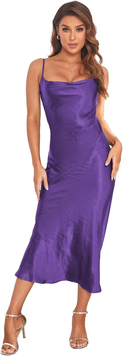 Women's Spaghetti Strap Midi Satin Silk Dresses Slip Cowl Neck Party Cocktail Evening Sexy Dress - Image 46